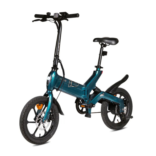 Izdelek je električno kolo, model MS Energy Urbanfold i6. Na sliki je prikazano kompaktno in zložljivo električno kolo v svetlo modri barvi. Ima majhna kolesa, ergonomsko oblikovana krmila in sedež, ki ga je mogoče prilagoditi. Kolo je opremljeno z diskastimi zavorami in električnim motorjem, kar omogoča enostavno vožnjo po mestnih ulicah.