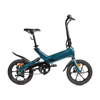 Izdelek je električno kolo, model MS Energy Urbanfold i6. Na sliki je vidno kompaktno in elegantno zasnovano kolo v temno modri barvi. Ima manjša kolesa, ergonomsko oblikovan sedež ter krmilo, ki omogoča udobno vožnjo. Kolo je opremljeno s prednjim in zadnjim blatnikom ter ima tudi mehanizem za prenos moči, kar pomeni, da je primerno za mestno vožnjo.