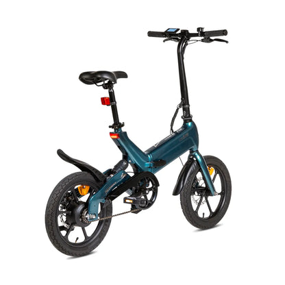 Izdelek na sliki je električno kolo, znamke MS Energy, model Urbanfold i6. Kolo ima kompakten dizajn, zložljivo konstrukcijo in je opremljeno z dvema manjšima kolesoma ter udobnim sedežem. Na sliki so vidni tudi krmilo, zaslon za prikaz informacij ter zadnji reflektor. Barva okvirja je temno modra, kar mu daje sodoben videz.