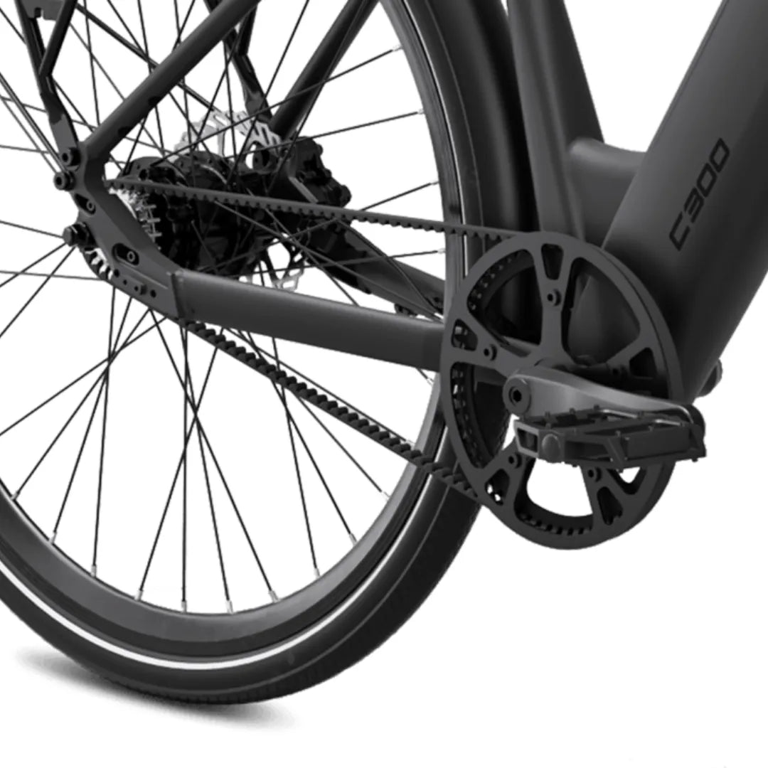 Na sliki je električno kolo znamke MS Energy, model C300. Prikazana je zadnja stran kolesa, kjer so vidni del okvirja, veriga in pedal. Kolo ima sodoben dizajn z diskastimi zavorami in širokimi platišči, kar nakazuje na dobro zmogljivost in stabilnost pri vožnji.