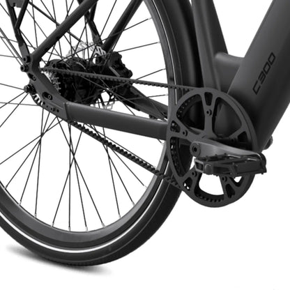 Na sliki je električno kolo znamke MS Energy, model C300. Prikazana je zadnja stran kolesa, kjer so vidni del okvirja, veriga in pedal. Kolo ima sodoben dizajn z diskastimi zavorami in širokimi platišči, kar nakazuje na dobro zmogljivost in stabilnost pri vožnji.