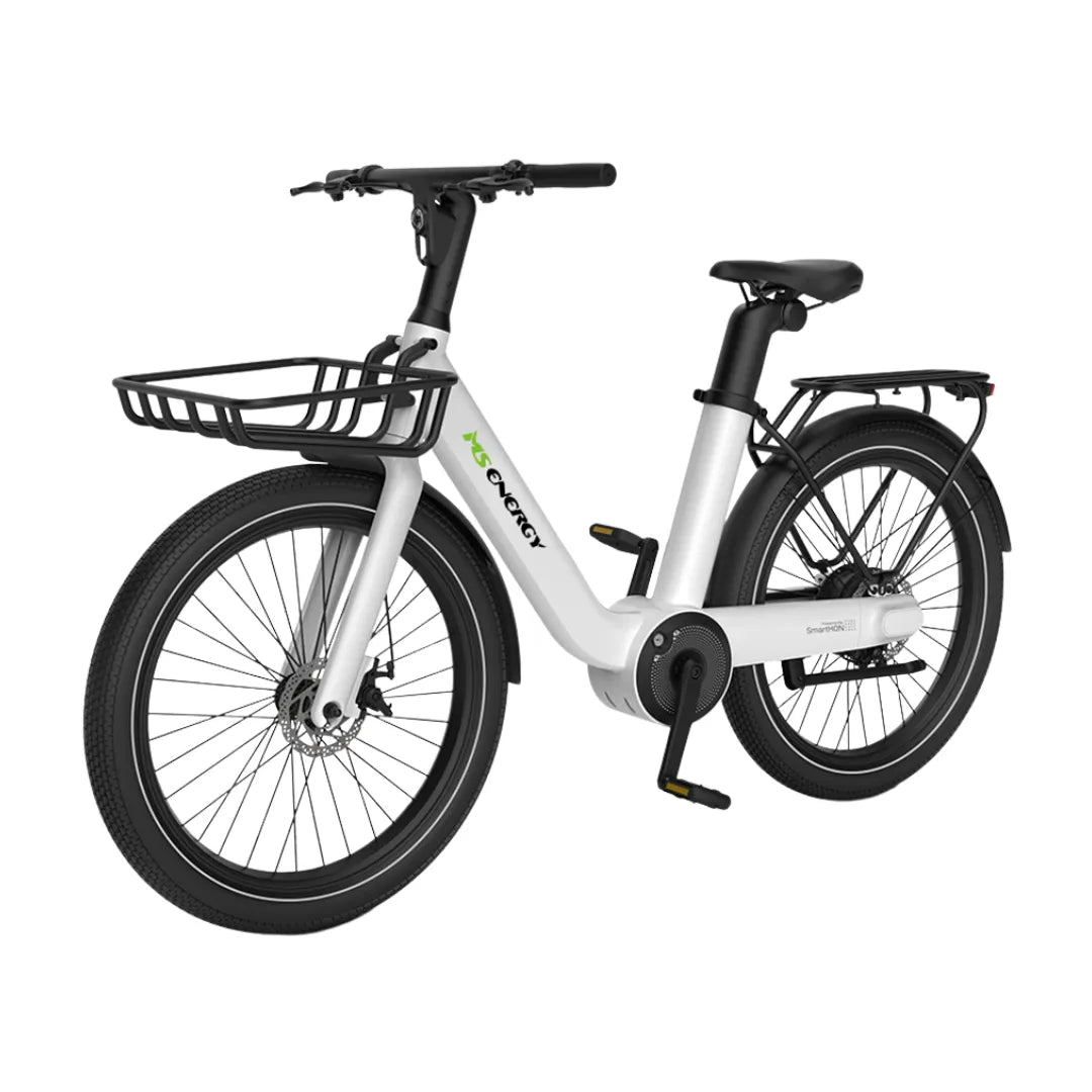 Električno kolo Ms Energy Cityzen C102 v elegantni srebrni barvi s košaro in modernim dizajnom.