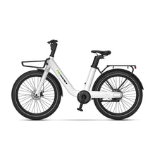 Izdelek je električno kolo, znamke MS Energy, model Cityzen C102. Na sliki je vidno kolo s preprosto in elegantno zasnovo, bele barve, opremljeno s širokimi pnevmatikami in nosilcem na zadnjem delu. Kolo ima udoben sedež in ergonomsko oblikovan krmilo, kar omogoča prijetno vožnjo po mestnih ulicah.