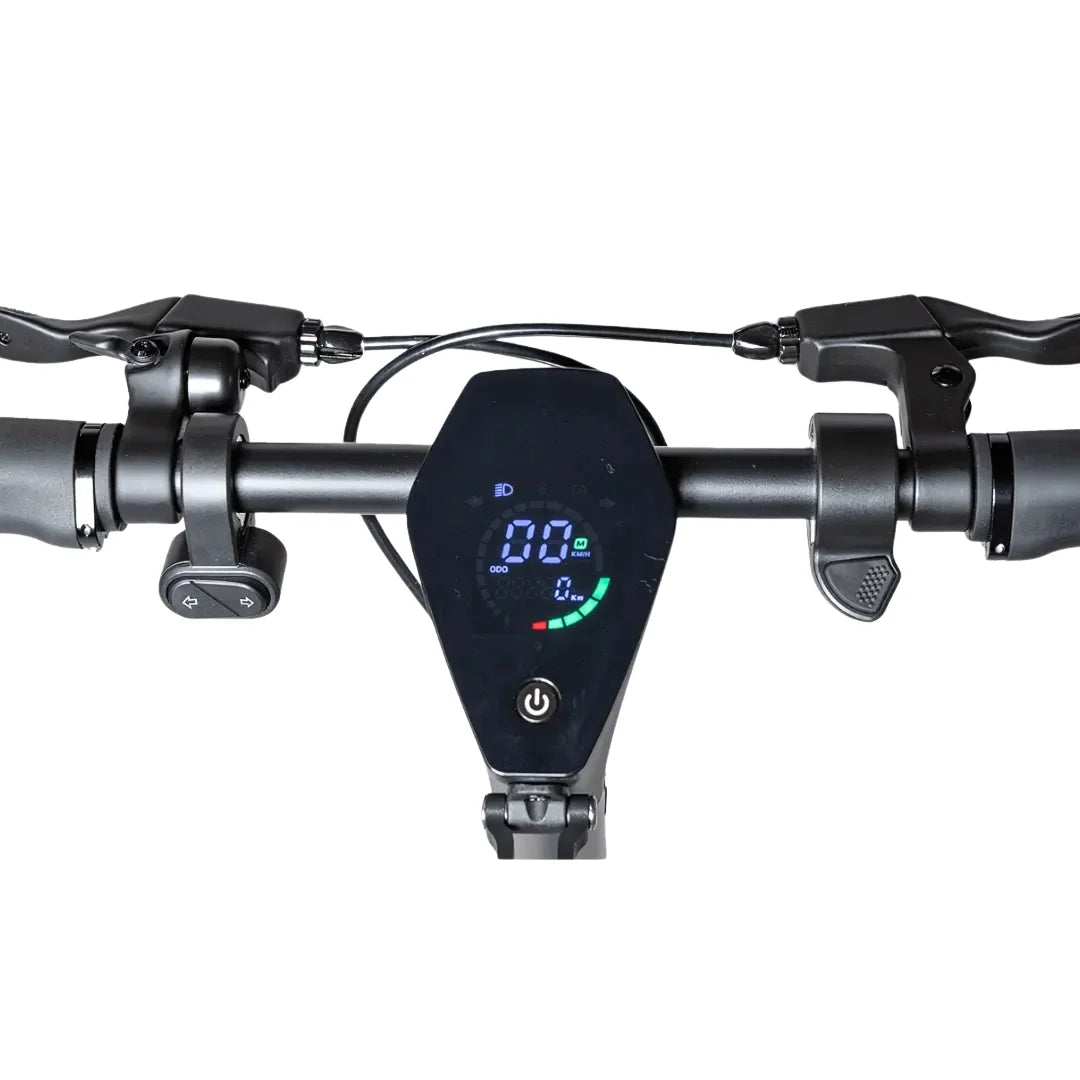 Od blizu posneto krmilo in digitalni zaslon električnega skiroja, z napisom Electric Scooter Ms Energ