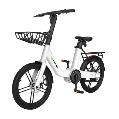 Izdelek je električno kolo, znamke MS Energy, model PulseUrban C20. Na sliki je vidno kolo z modernim dizajnom, belo barvo in prostornim sprednjim košem ter zadnjim prtljažnikom. Ima široke gume in udobno sedežno, kar omogoča prijetno vožnjo po mestnih ulicah.