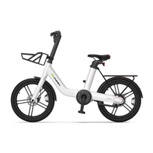 Izdelek je električno kolo, znamke MS Energy, model PulseUrban C20. Na sliki je vidno moderno električno kolo z belim okvirjem in črnimi kolesi. Kolo ima nizko zasnovo, kar olajša vstopanje, ter je opremljeno s prtljažnikom na zadnjem delu in nosilcem spredaj. Vidna je tudi električna enota, ki omogoča pomoč pri pedaliranju.