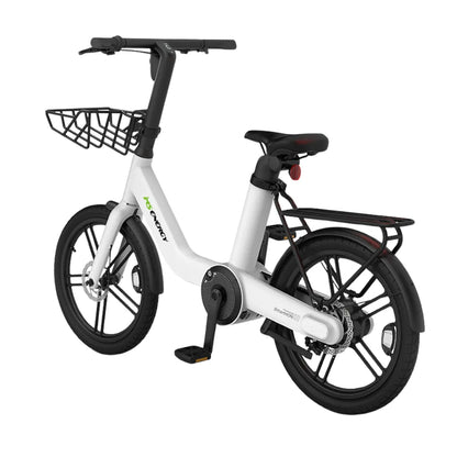 Izdelek je električno kolo znamke MS Energy, model PulseUrban C20. Na sliki je vidno moderno električno kolo z belim okvirjem, širokimi pnevmatikami in športnim dizajnom. Ima tudi sprednji koš za prenašanje stvari ter zadnji nosilec za dodatno prtljago. Kolo je zasnovano za udobno vožnjo po mestnih ulicah.