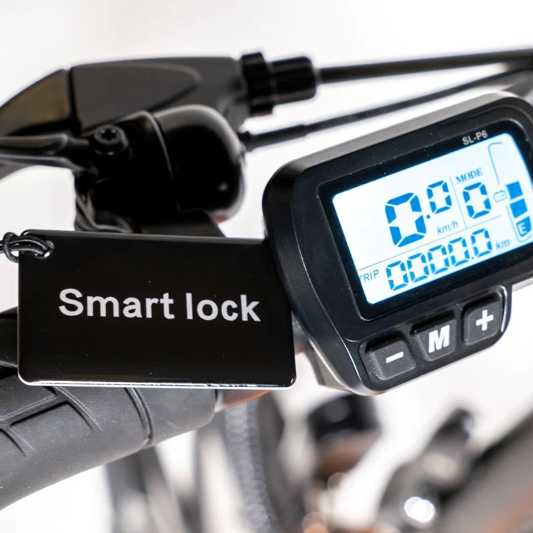 Izdelek na sliki je električno kolo, model MS Energy I20. Na sliki je prikazan del krmila, kjer je digitalni zaslon, ki prikazuje hitrost in druge podatke o vožnji. Vidna je tudi oznaka "Smart lock", kar nakazuje na funkcijo pametnega zaklepanja.