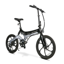 Izdelek je električno kolo znamke MS Energy, model i20. Na sliki je vidno zložljivo električno kolo s kompaktnim dizajnom, ki ima manjša kolesa in ergonomsko oblikovano ogrodje. Kolo je opremljeno s prednjim in zadnjim menjalnikom ter disk zavorami, kar omogoča enostavno vožnjo in dobro zaviranje. Barvna kombinacija je črna in siva, kar daje modern videz.