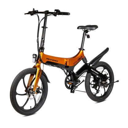 Izdelek na sliki je električno kolo znamke MS Energy, model i20. Kolo ima kompakten dizajn z zložljivim okvirjem in je opremljeno s širokimi pnevmatikami ter disk zavornim sistemom. Barvna kombinacija vključuje črno in oranžno, kar mu daje sodoben videz. Na sprednjem delu so vidne tudi luči za boljšo vidnost.