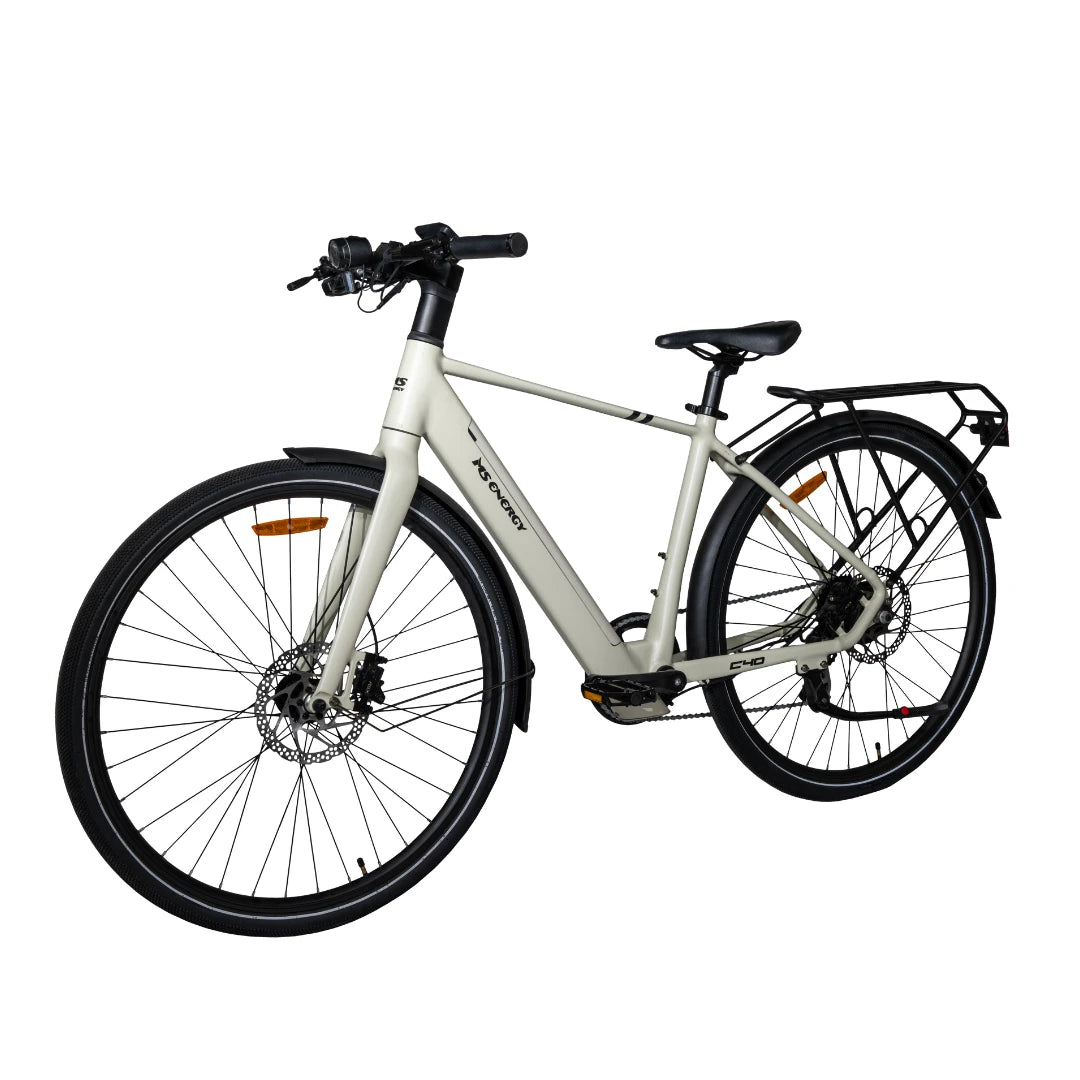 Electric Bike Ms Energy C40 features a sleek design, sturdy frame, disc brakes, and a rear rack for convenience.