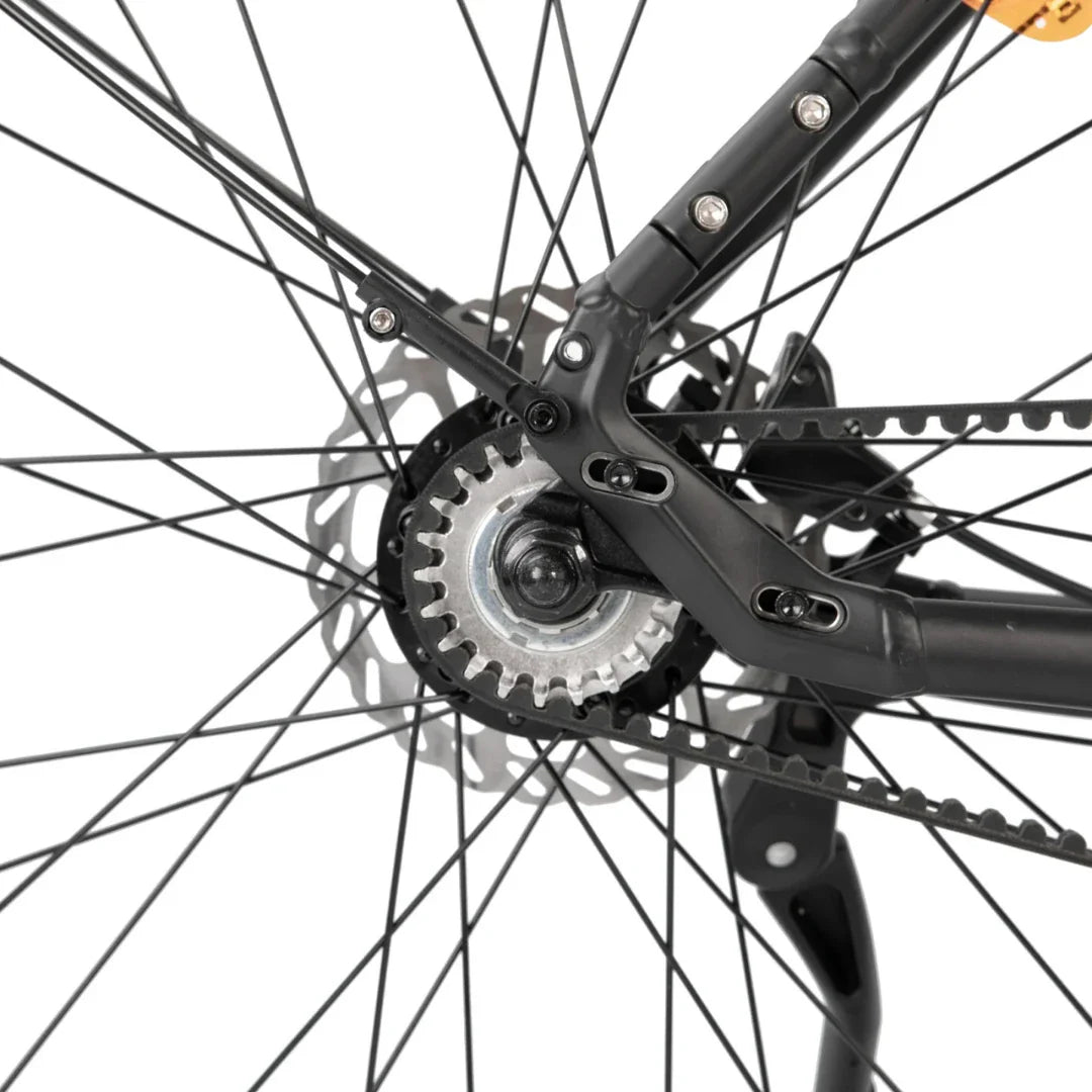 Izdelek je električno kolo, model MS Energy C300. Na sliki je prikazan del zadnjega kolesa, kjer so vidni zobniki, veriga in zavorni disk. Kolo ima robustno konstrukcijo in je zasnovano za učinkovito vožnjo.