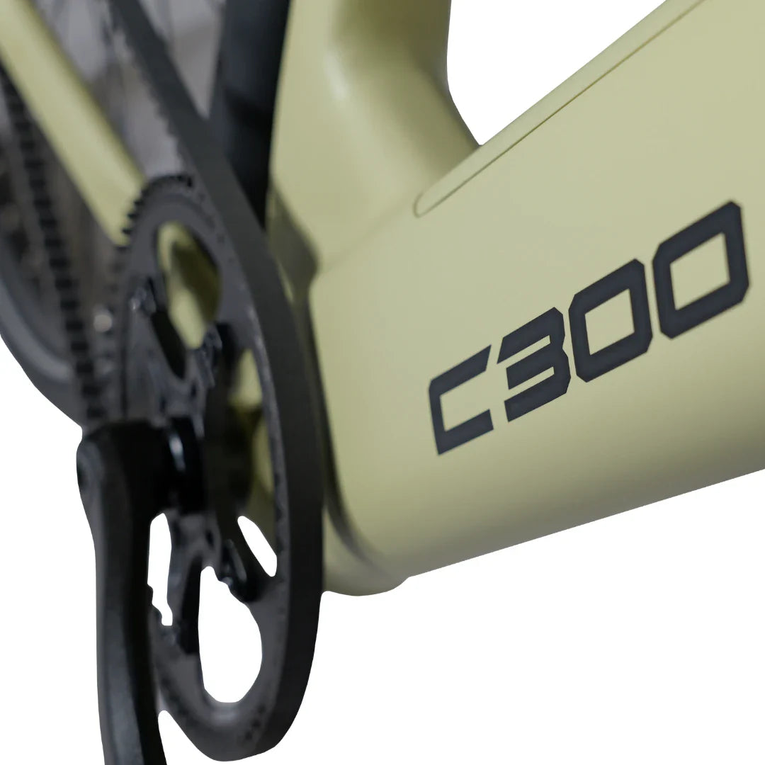 Izdelek je električno kolo, model C300, znamke MS Energy. Na sliki je vidna podrobnost okvirja kolesa v svetlo zeleni barvi, na katerem je jasno označen model C300. Prav tako je prikazana veriga in pedalni sistem, kar poudarja tehnične značilnosti kolesa.