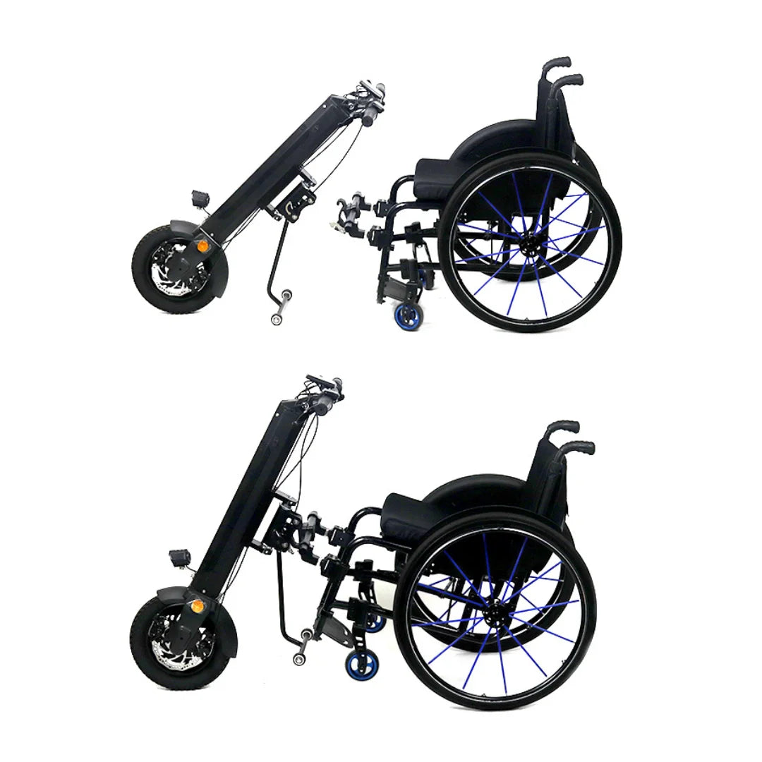 Izdelek na sliki je električni priklop za invalidski voziček, model Mijo MT01. Na sliki sta prikazana dva položaja: zgornji del priklopa in invalidski voziček. Priklop je zasnovan za enostavno namestitev na voziček, kar omogoča uporabniku večjo mobilnost. Vidni so tudi detajli, kot so kolesa in mehanizem za povezavo.