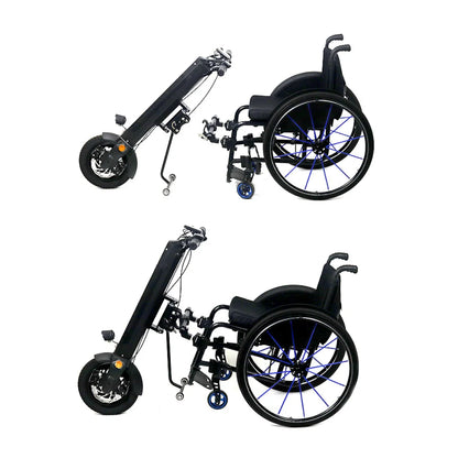 Izdelek na sliki je električni priklop za invalidski voziček, model Mijo MT01. Na sliki sta prikazana dva položaja: zgornji del priklopa in invalidski voziček. Priklop je zasnovan za enostavno namestitev na voziček, kar omogoča uporabniku večjo mobilnost. Vidni so tudi detajli, kot so kolesa in mehanizem za povezavo.