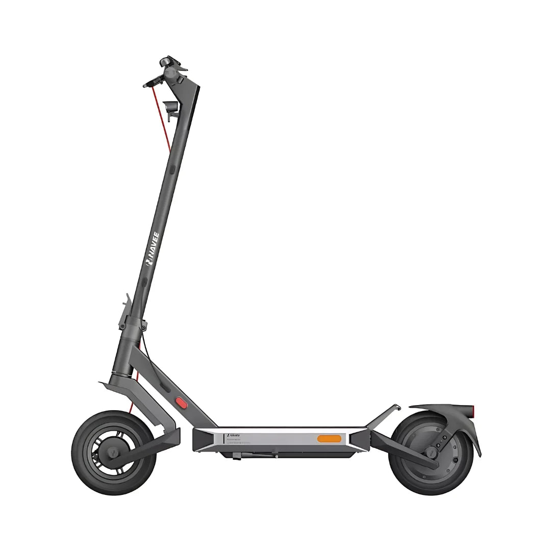 Stranski pogled električnega skiroja Navee S40, ki se ponaša z elegantnim dizajnom in robustnimi kolesi.
