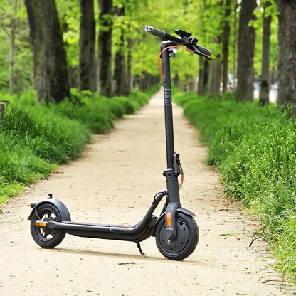 Eleganten električni skiro Navee V25i Pro parkiran na poti, obdani z drevesi.