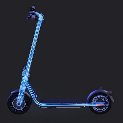 Električni skiro Navee V40i Pro prikazan s svetlečimi modrimi obrisi na temnem ozadju.
