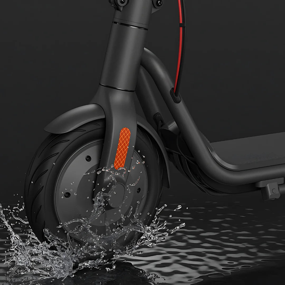 Electric Scooter Navee V40i Pro features a sleek wheel design, showcasing water splashes and robust build.