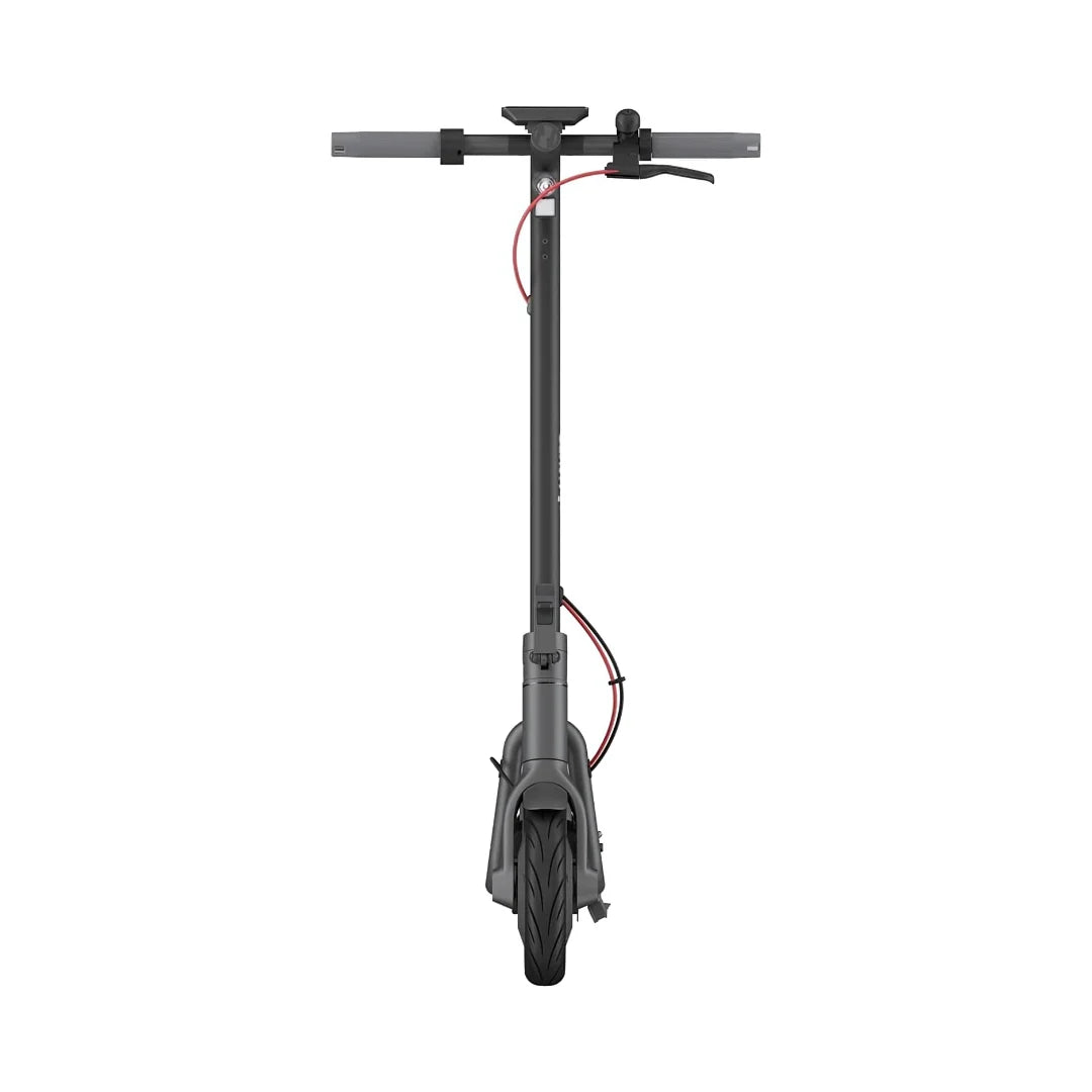 Sprednji pogled električnega skiroja Navee V40i Pro, ki prikazuje njegovo elegantno obliko in robustno kolo.