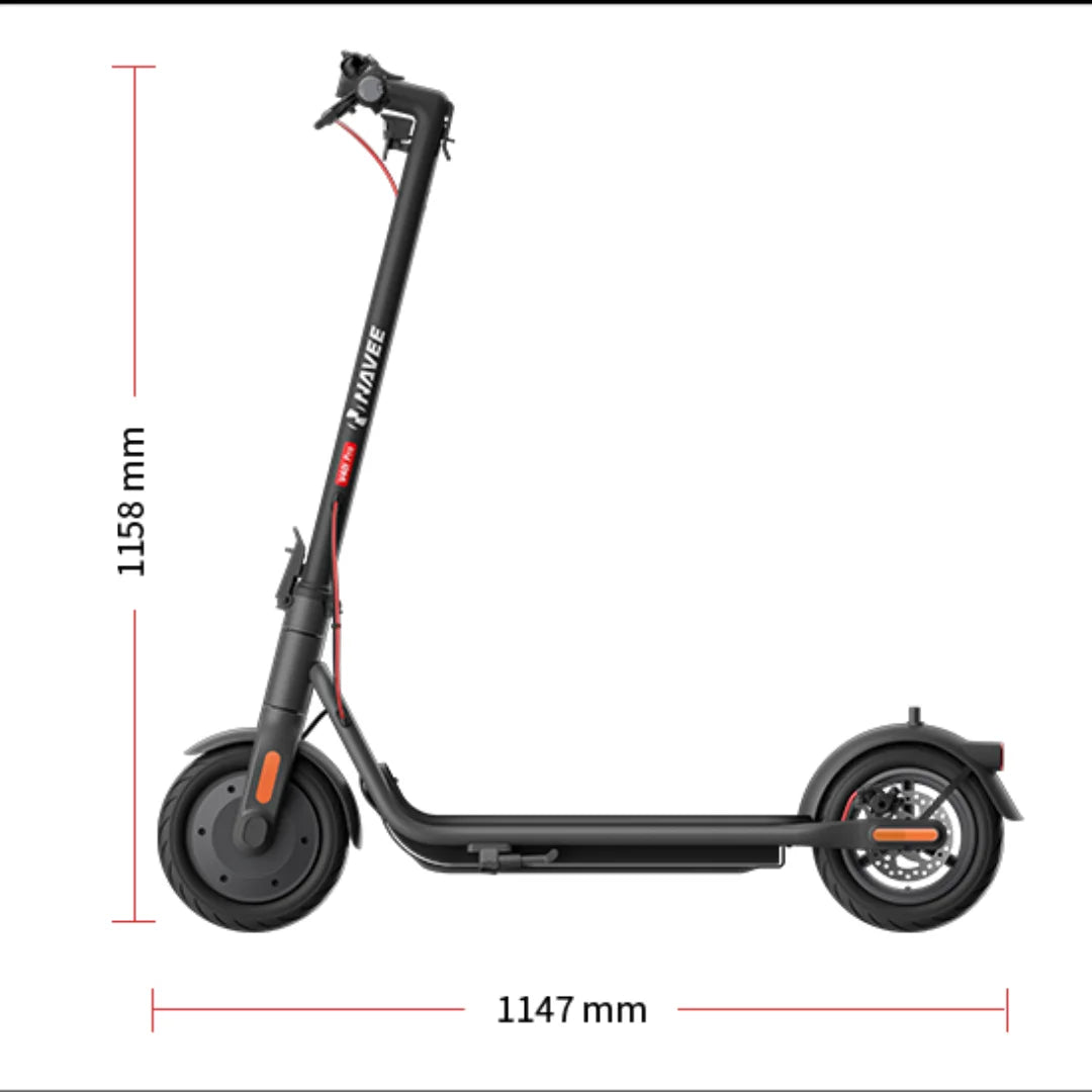 Stranski pogled električnega skiroja Navee V50i Pro z označenimi dimenzijami.