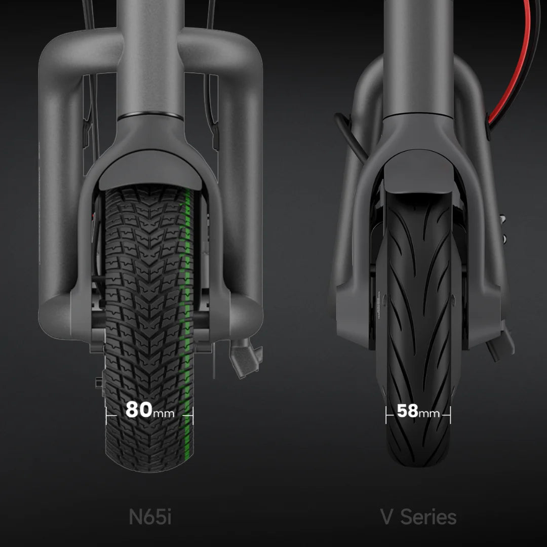 Od blizu prikaz sprednjih koles, ki primerja modela električnih skirojev Navee V50i Pro in N65i.