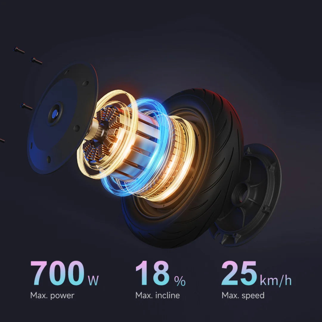 Razstavljeni pogled električnega skiroja Navee V50i Pro prikazuje motor, pnevmatiko in specifikacije: 700W, 18% naklon,