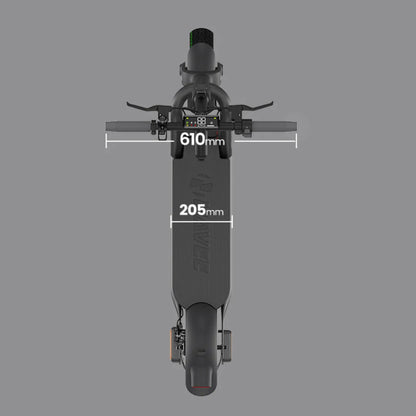 Pogled od zgoraj na električni skiro Navee N65i, ki prikazuje dimenzije: širina 610 mm, platforma 205 mm.