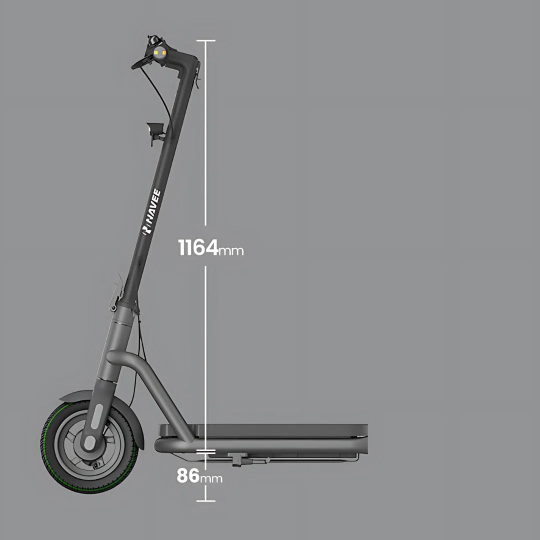Električni skiro Navee N65i prikazan pokončno z dimenzijami: višina 1164 mm, širina 86 mm.