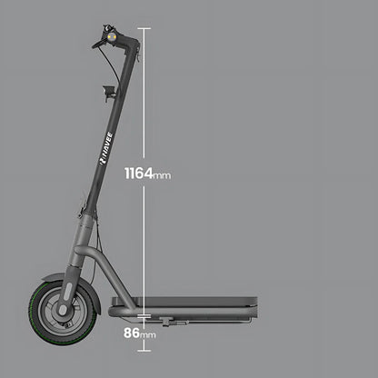 Električni skiro Navee N65i prikazan pokončno z dimenzijami: višina 1164 mm, širina 86 mm.