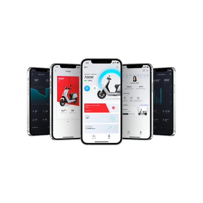 Pet pametnih telefonov prikazuje vmesnik aplikacije za električni skuter Niu Uqi Pro.