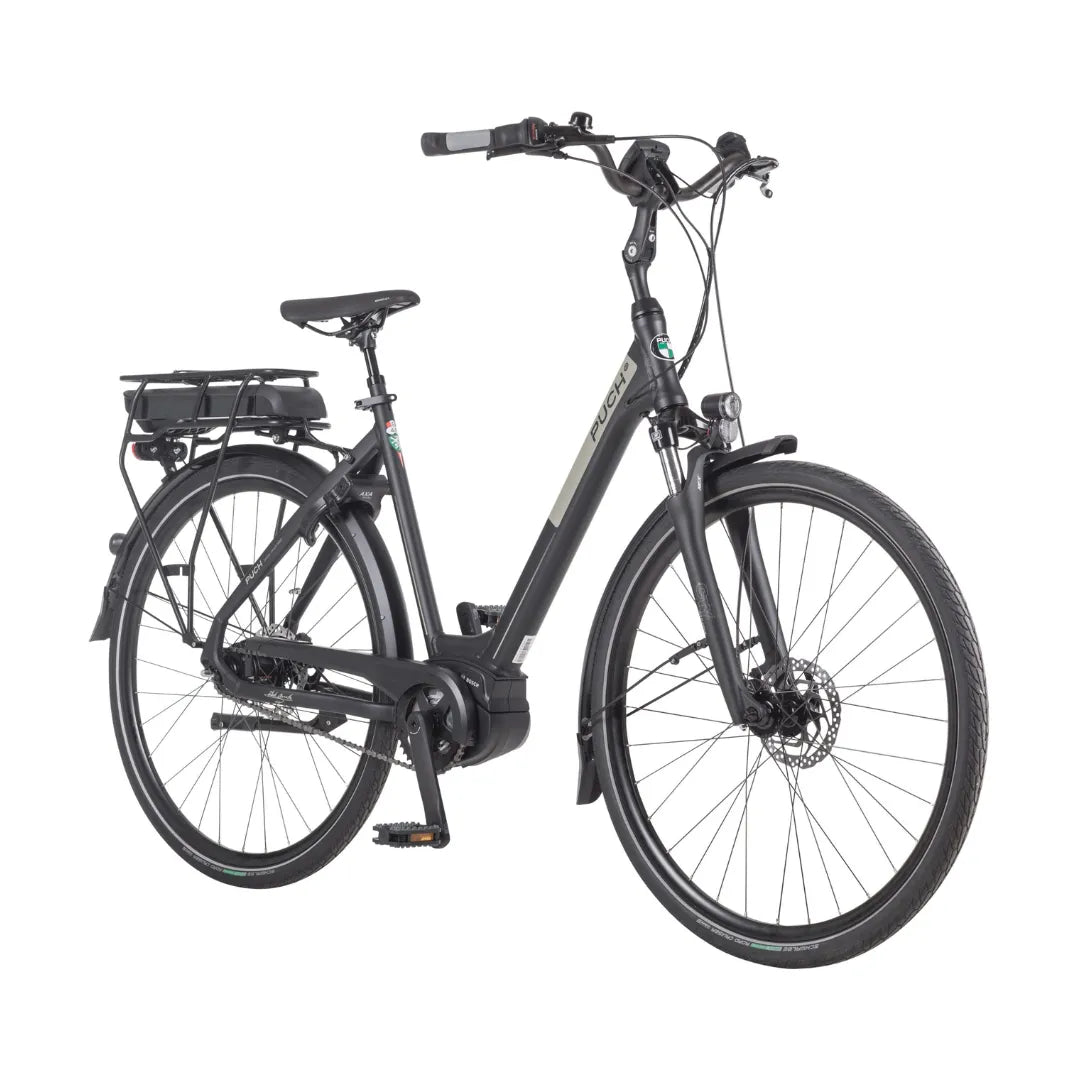 Električno kolo Puch C 4 0 v elegantni črni izvedbi z okvirjem z nizkim vstopom in baterijskim paketom.