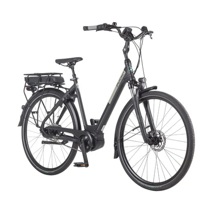 Električno kolo Puch C 4 0 v elegantni črni izvedbi z okvirjem z nizkim vstopom in baterijskim paketom.
