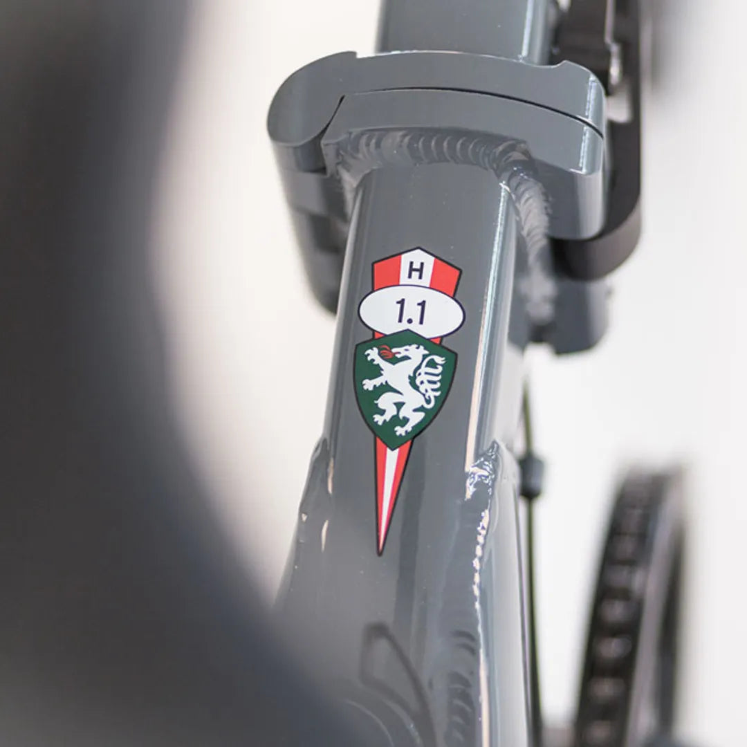 Posnetek od blizu prikazuje okvir z logotipom Electric Bike Puch H 1 1 in podrobnosti oblikovanja.