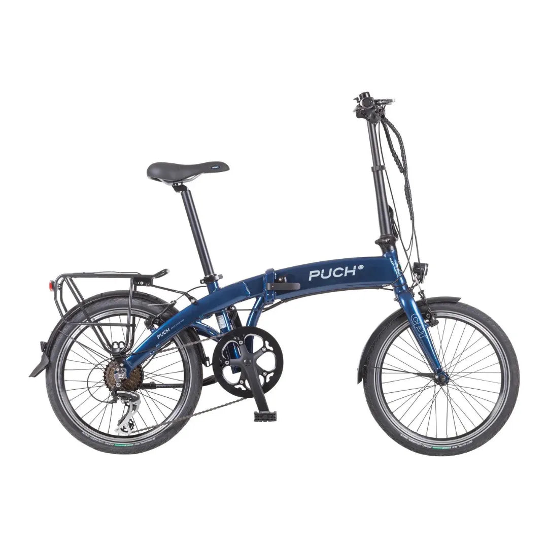 Modro Električno kolo Puch H 1 1 s kompaktno zložljivo zasnovo in zadnjim prtljažnikom.