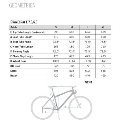 Izdelek je električno kolo, znamke Raymon, model GravelRay E 7.0. Na sliki so prikazane tehnične specifikacije in geometrija kolesa, vključno z dolžinami cevi, koti in drugimi dimenzijami, ki so pomembne za pravilno izbiro velikosti in udobje pri vožnji.