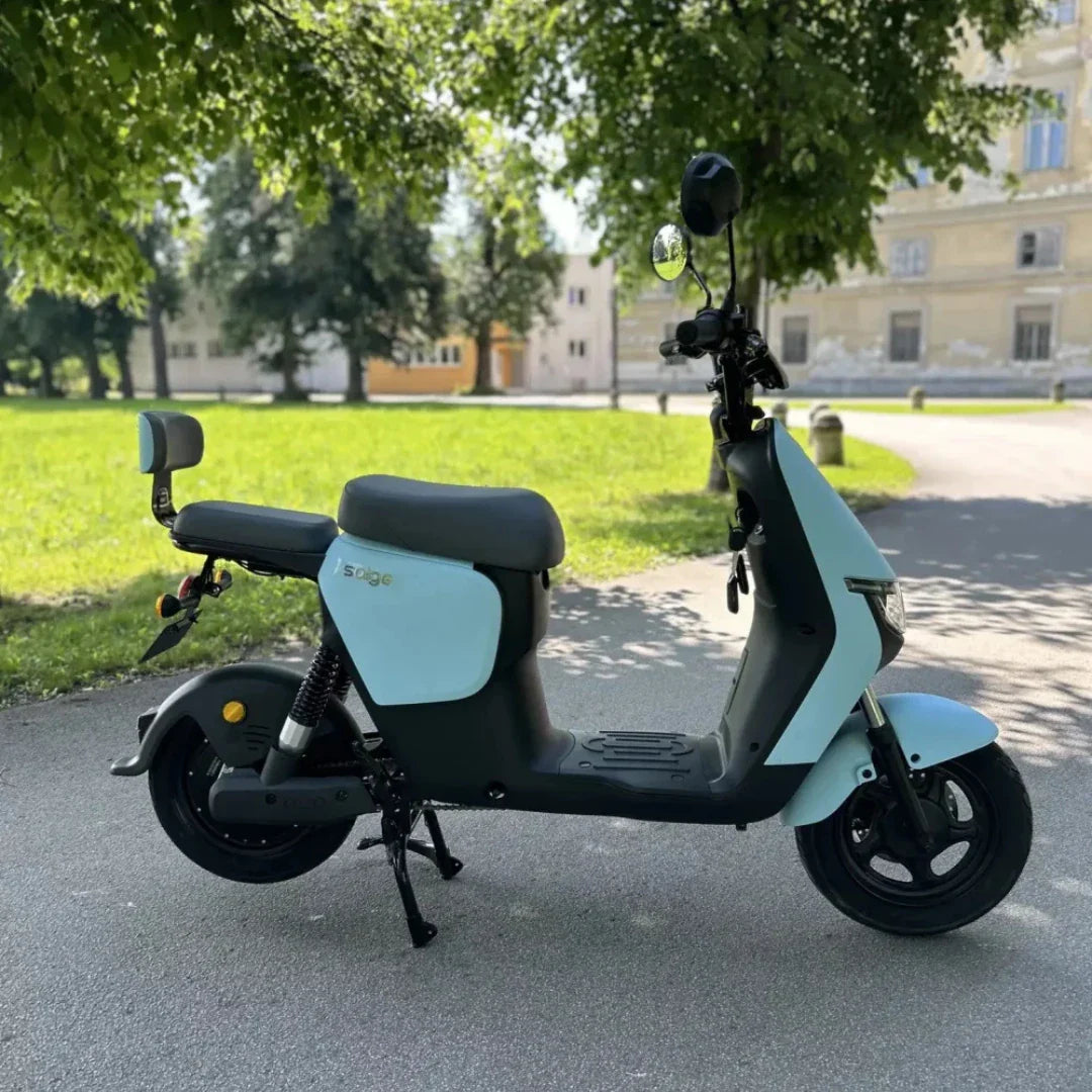 Na sliki je električni skuter, znamke Sage. Model ima moder in črn dizajn ter je opremljen s širokim sedežem in zadnjim ogledalom. Skuter je parkiran na cesti ob zelenem travniku, kar daje občutek sproščenosti in urbanega okolja.