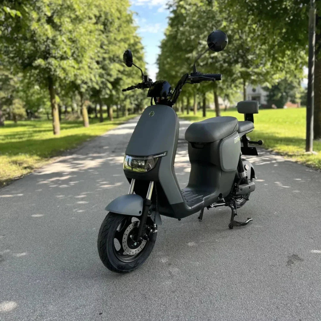 Na sliki je električni skuter, model "Stromko". Izdelek ima moderno obliko in je v mat sivi barvi. Na sprednjem delu so vidne luči in ogledala, skuter pa stoji na asfaltni poti ob zelenem drevoredu, kar nakazuje na njegovo uporabo v mestnem okolju. Sedež je širok in udoben, kar omogoča prijetno vožnjo.