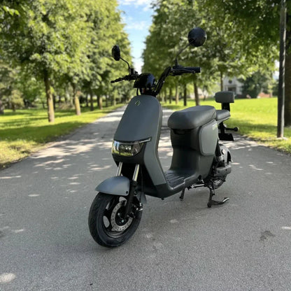 Na sliki je električni skuter, model "Stromko". Izdelek ima moderno obliko in je v mat sivi barvi. Na sprednjem delu so vidne luči in ogledala, skuter pa stoji na asfaltni poti ob zelenem drevoredu, kar nakazuje na njegovo uporabo v mestnem okolju. Sedež je širok in udoben, kar omogoča prijetno vožnjo.