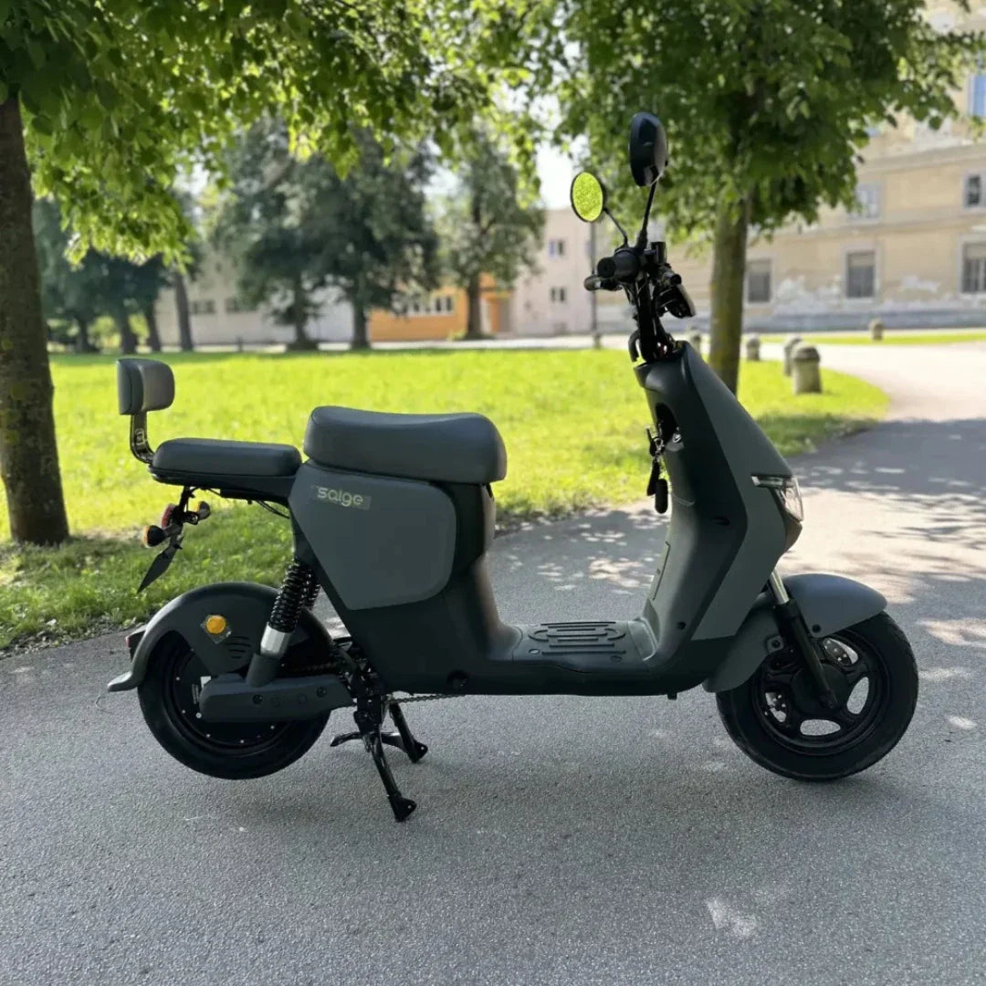 Na sliki je električni skuter znamke Saige. Ima minimalističen dizajn z udobnim sedežem in širokimi kolesi, kar omogoča stabilno vožnjo. Opremljen je s stranskimi ogledali in ima prostorno stopalko. Scena je postavljena v zelenem parku, kar daje občutek svobode in udobja pri vožnji.