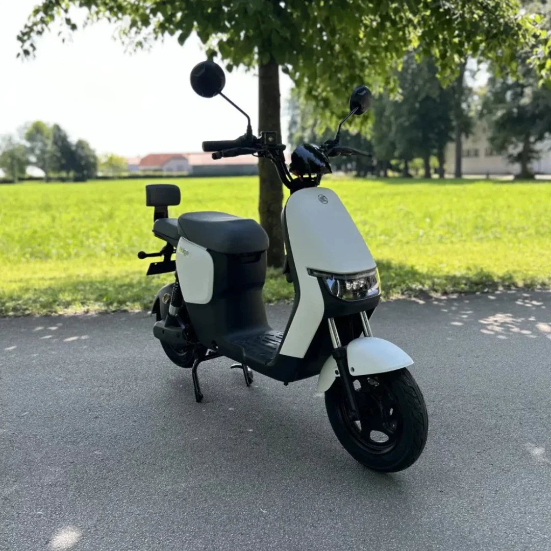 Izdelek na sliki je električni skuter, znamke Stromko. Skuter ima sodoben dizajn z belo in črno barvno kombinacijo ter udobno sedežno površino. Na sprednjem delu je vidna svetilka, poleg pa sta nameščena dva ogledala. Scena je postavljena v zelenem okolju, kar daje občutek prostornosti in svobode.