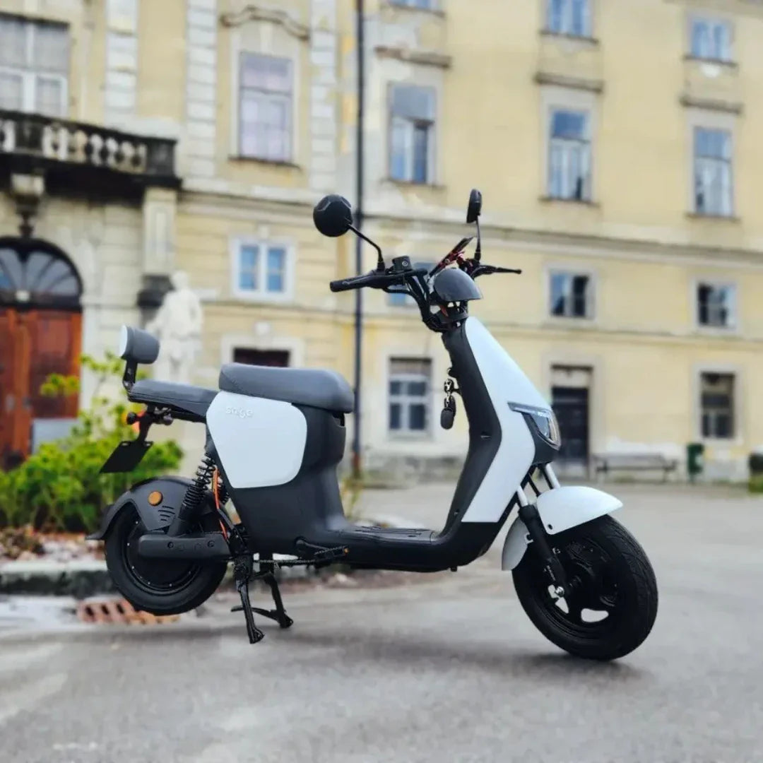 Na sliki je električni skuter, znamke Argo. Ima moderno obliko z belo in sivo barvno kombinacijo ter je opremljen z udobnim sedežem in širokimi krmili. V ozadju je vidna arhitektura stavbe, kar daje sliki urban ambient. Skuter je postavljen na asfaltni površini, kar nakazuje, da je primeren za mestno vožnjo.