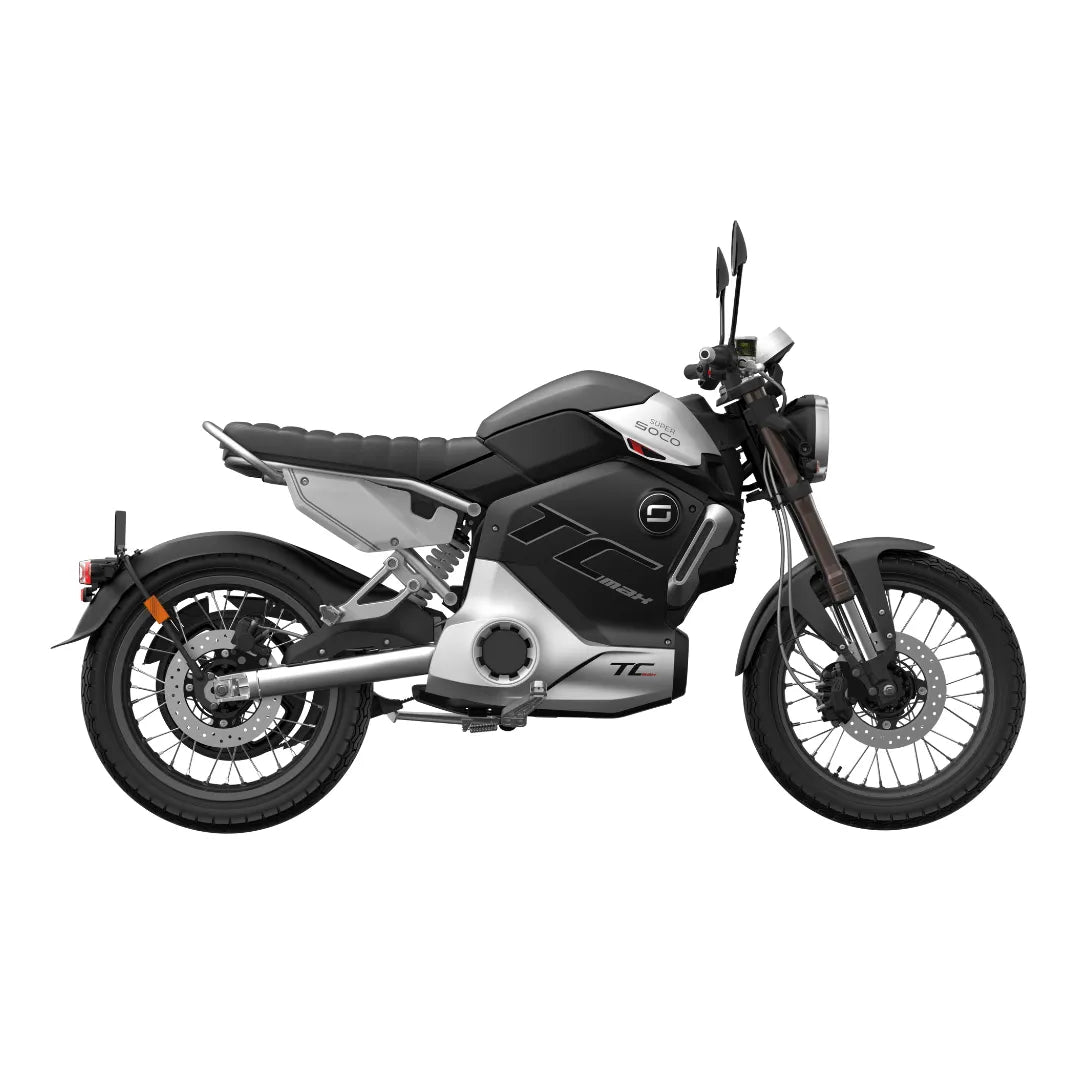 Stranski pogled električnega skuterja Super Soco Tc Max, ki se ponaša z elegantnim črnim dizajnom.