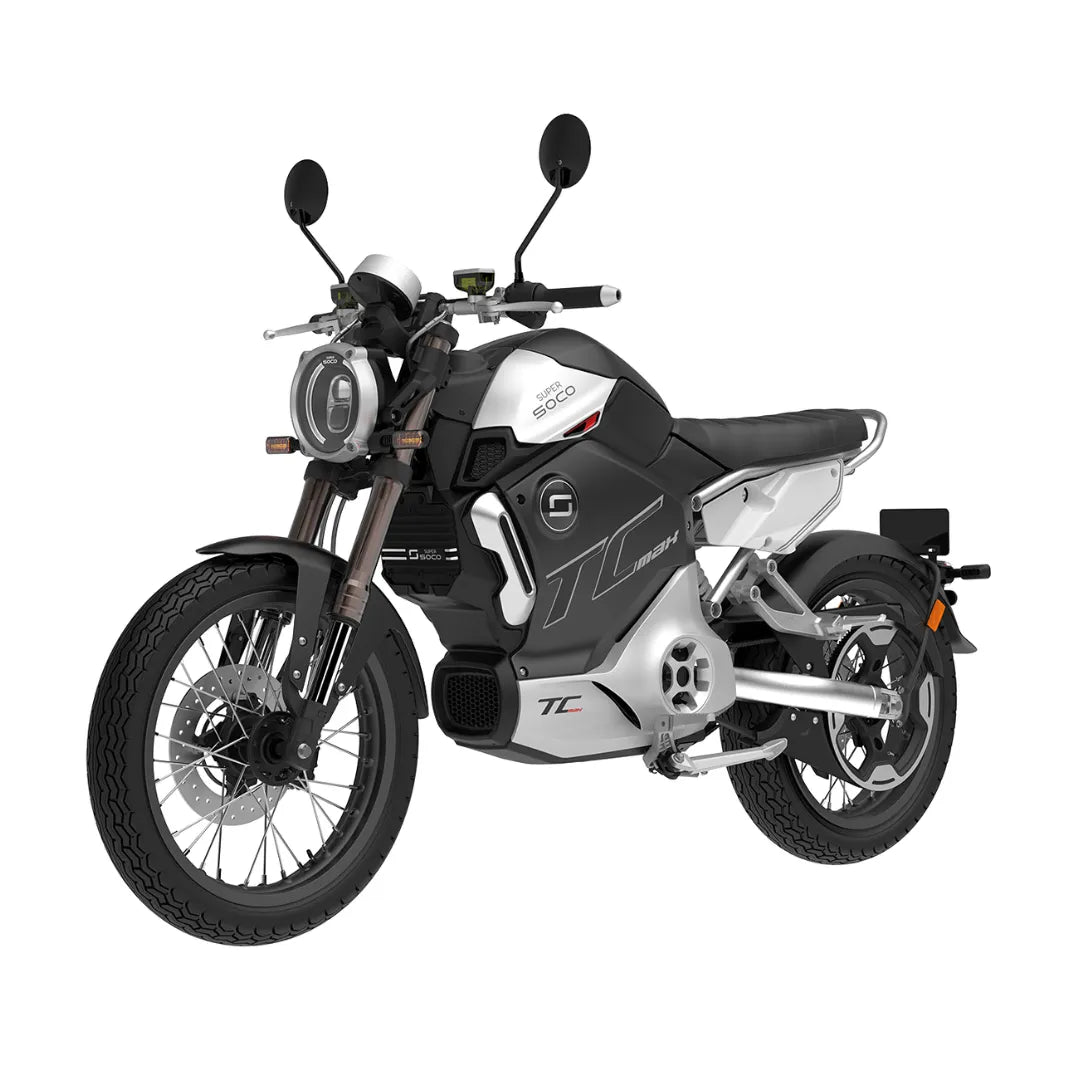 Električni skuter Super Soco TC Max, odlikuje ga eleganten dizajn in moderna oblika.