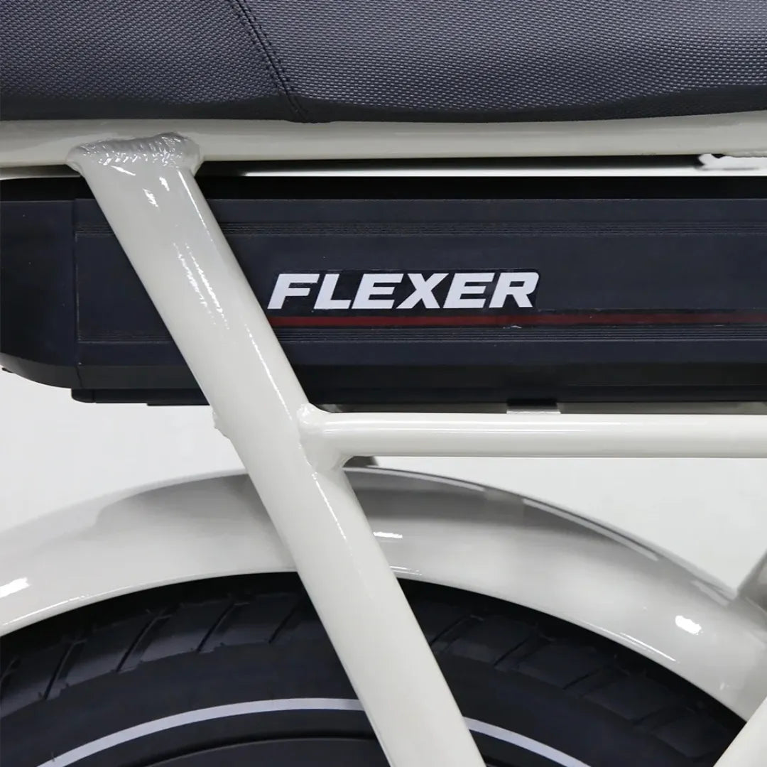 Posnetek od blizu baterije električnega kolesa Tomos Flexer, nameščene na okvir.