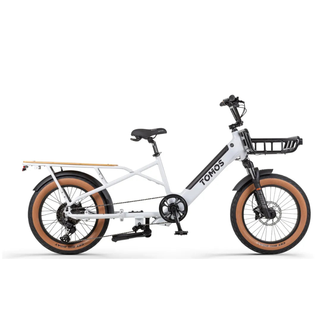 Električno kolo Tomos Cargo Fat 2 Longtail z elegantnim dizajnom in širokimi pnevmatikami, idealno za prevoz tovora