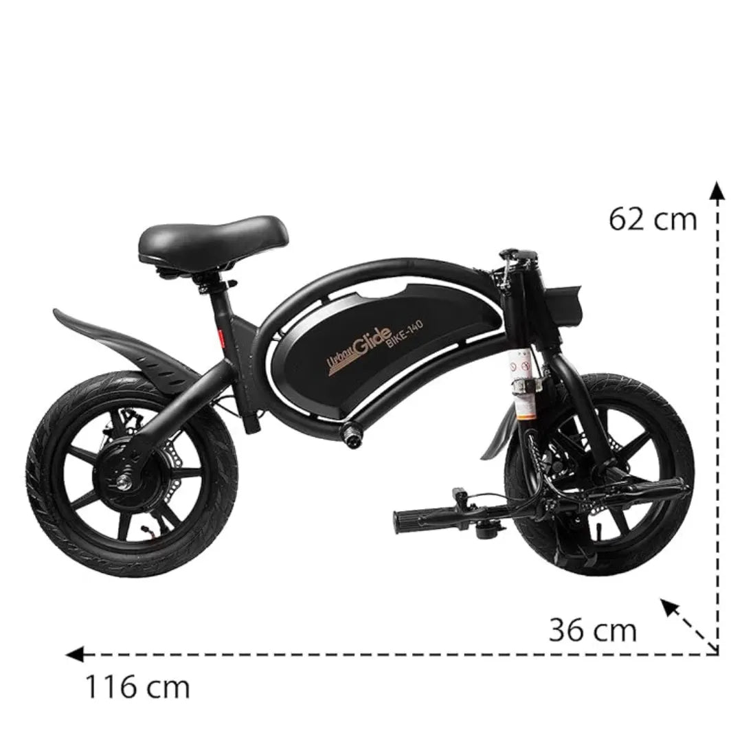 Električno kolo Urbanglide 160, prikazano s strani z merami: dolžina 116 cm, višina 62 cm, širina 36 cm