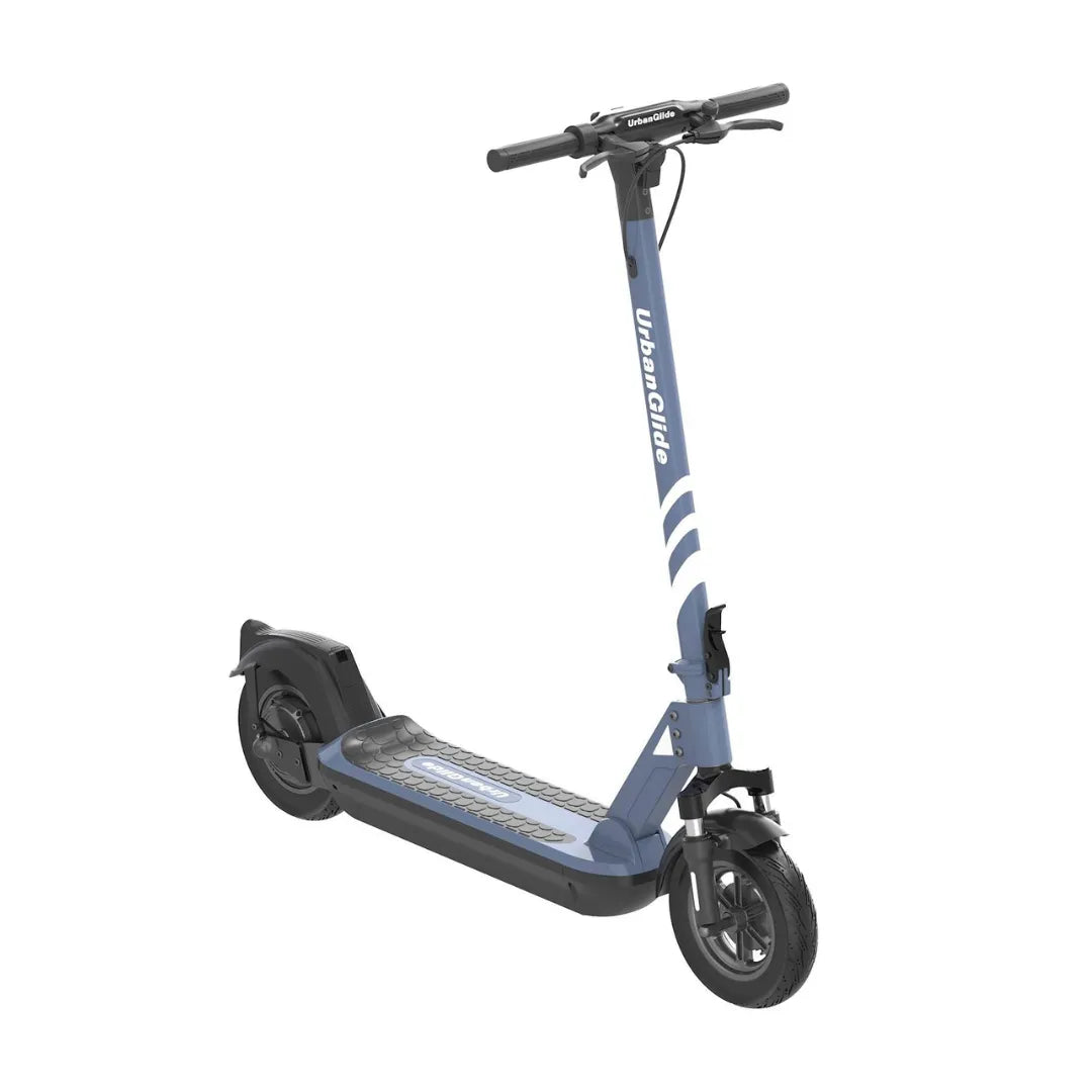 Električni skiro Urbanride 100 City v modri barvi, odlikuje ga eleganten dizajn in robustna kolesa.