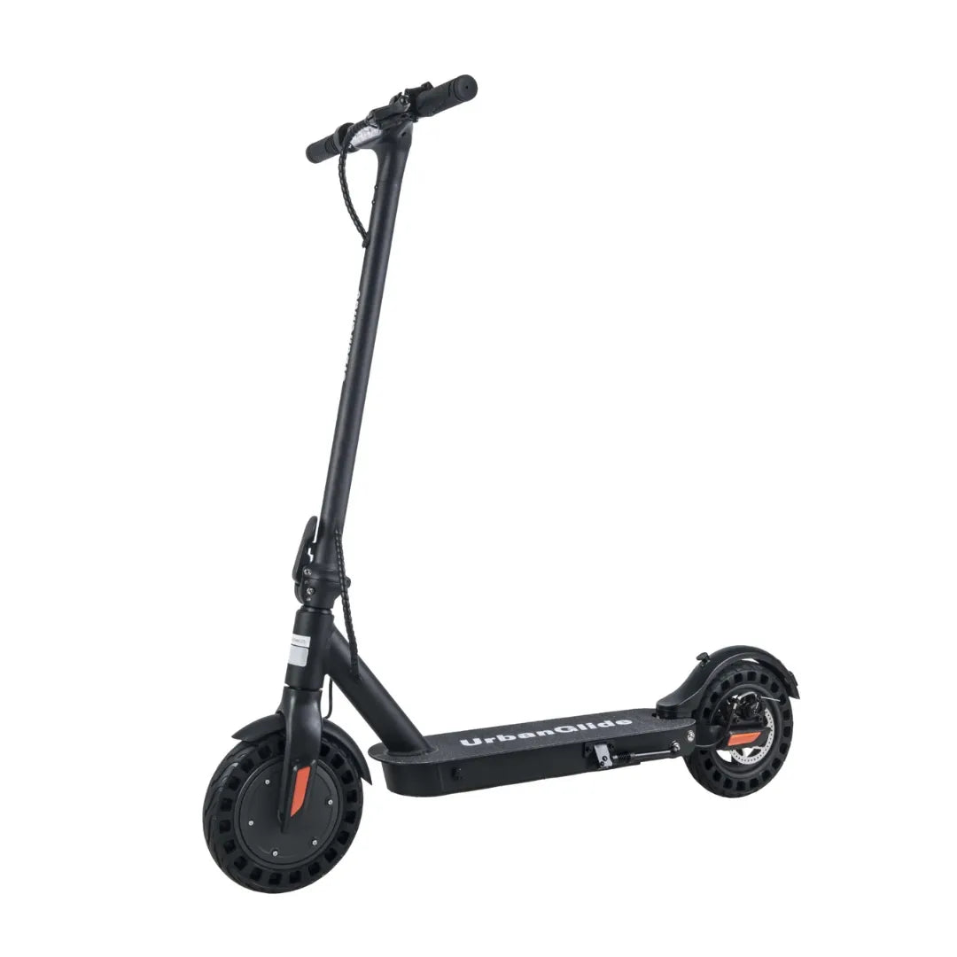 Električni skiro Urbanride 100xs, eleganten črn dizajn z velikimi kolesi in minimalističnim okvirjem.