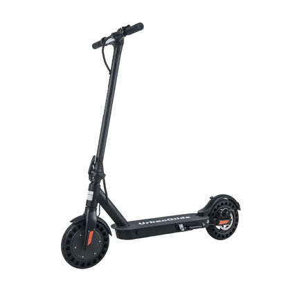 Električni skiro Urbanride 100xs, eleganten črn dizajn z velikimi kolesi in minimalističnim okvirjem.